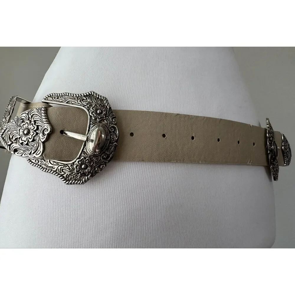 Taupe Double Silver Buckle Elasticized Back Belt